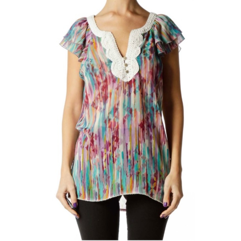 Sanctuary Clothing Multicolored Sheer Crochet Detail Short Sleeve Blouse